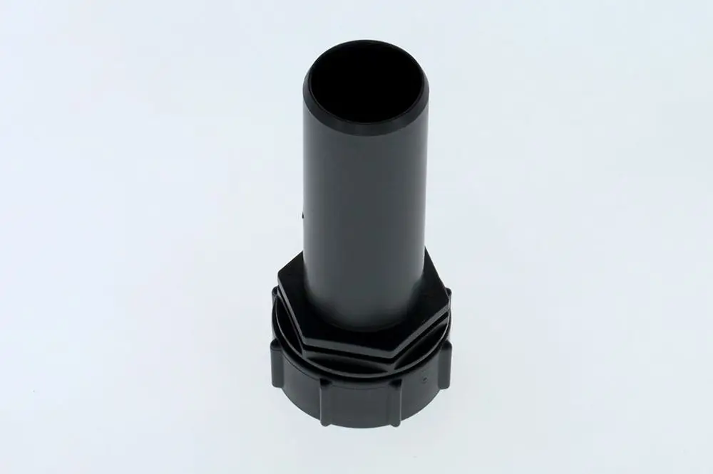 Schwarzer Eingangsstutzen aus Kunststoff, geeignet für Siphon-Set. Das Produkt ist von Bosch und zeigt eine zylindrische Form mit einem Gewinde am unteren Ende.